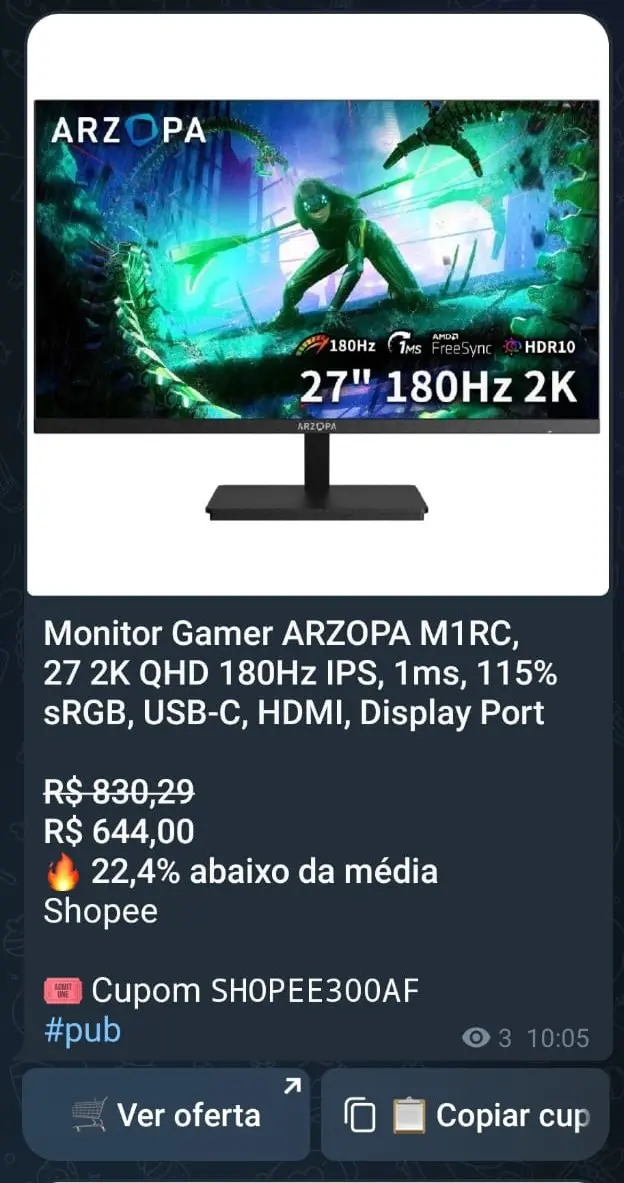 Oferta real de monitor gamer Arzopa publicada no grupo