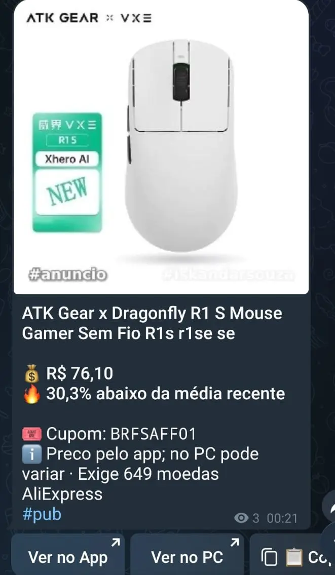 Oferta real de mouse gamer ATK publicada no grupo