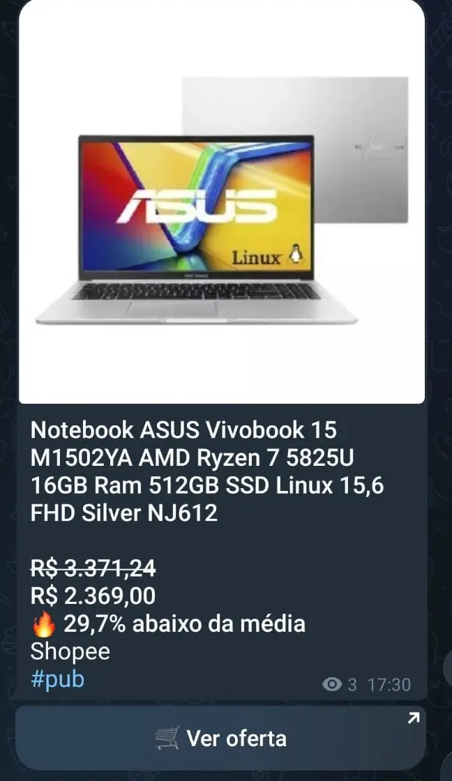 Oferta real de notebook Asus Vivobook publicada no grupo