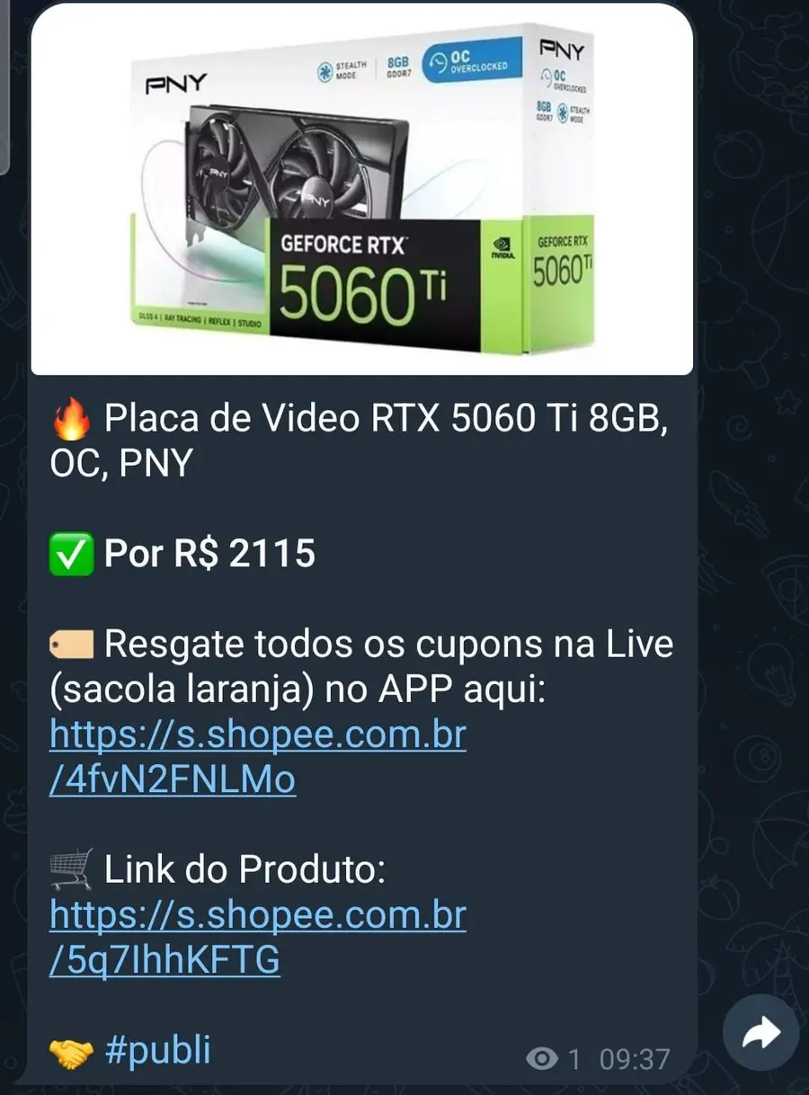 Oferta real de placa de vídeo RTX 5060 Ti publicada no grupo
