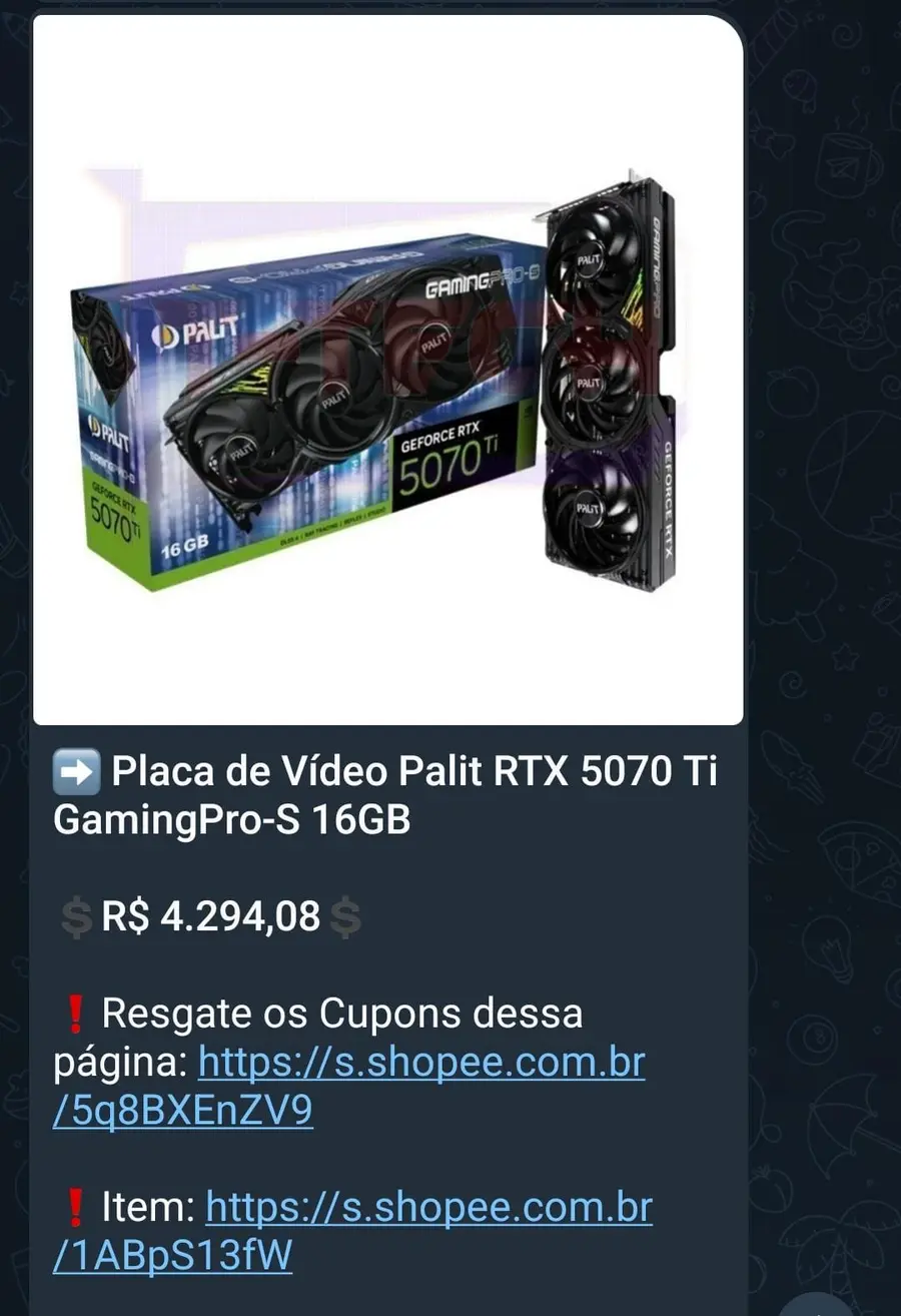 Oferta real de placa de vídeo RTX 5070 Ti publicada no grupo
