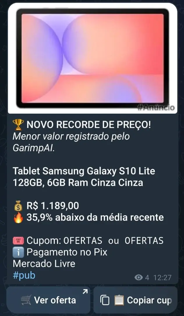 Oferta real de tablet Samsung publicada no grupo GarimpAI Tech